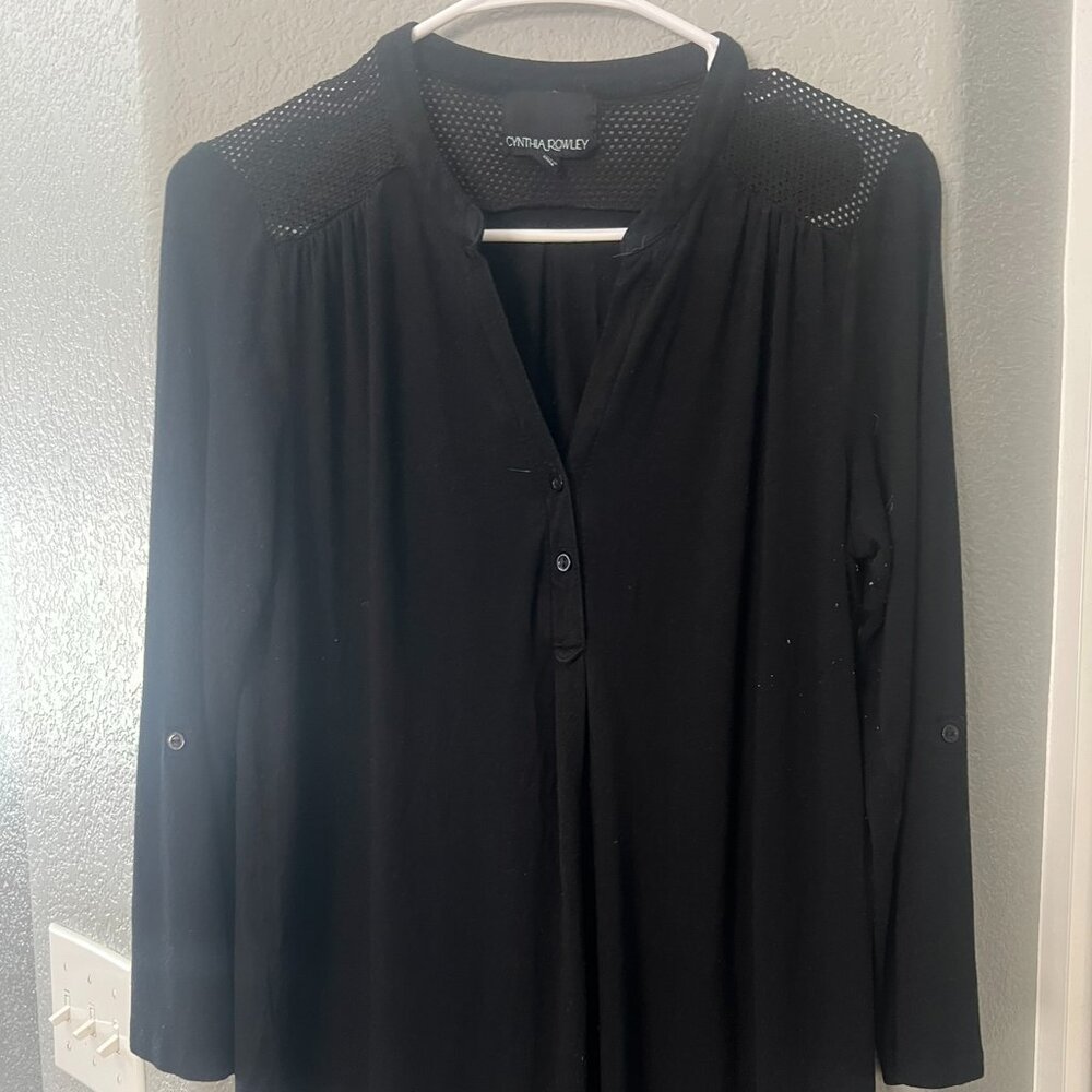 Cynthia Rowley Black V-Neck Blouse with Textured Shoulder Detail - Size M